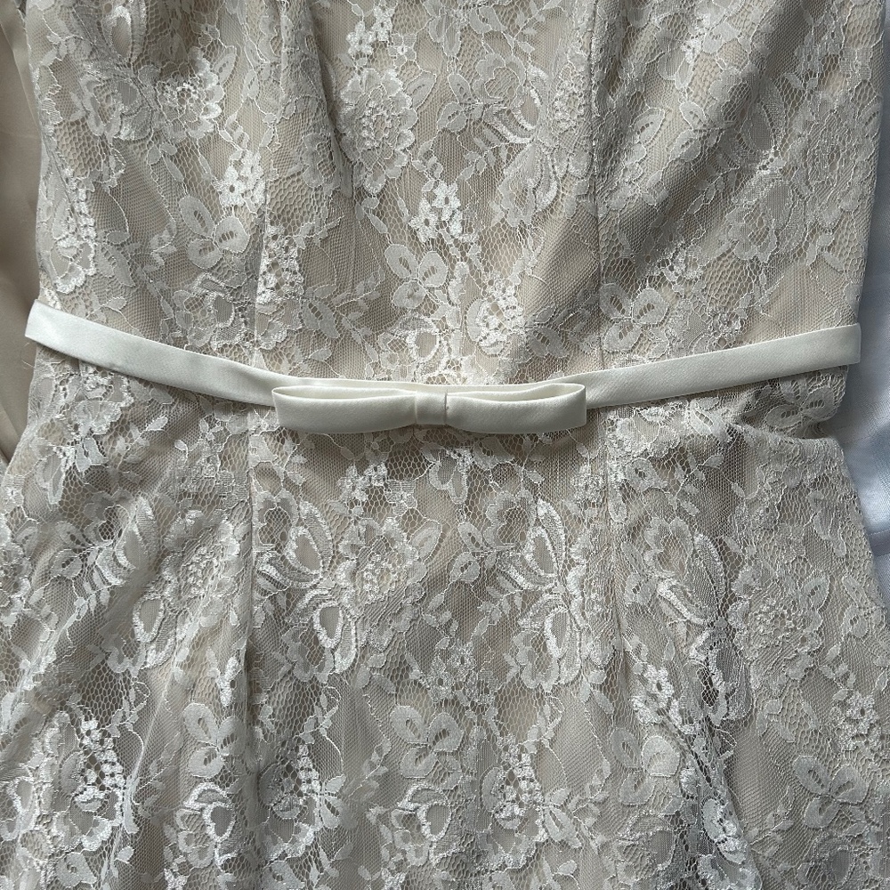Alfred Angelo Strapless Empire Waist Champagne Underlay White Lace Overlay Dress - Picture 15 of 17